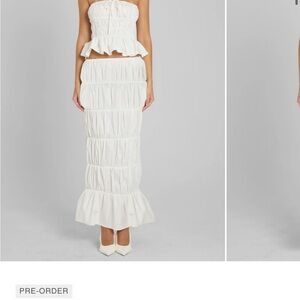 White Ruched Trumpet Maxi Skirt